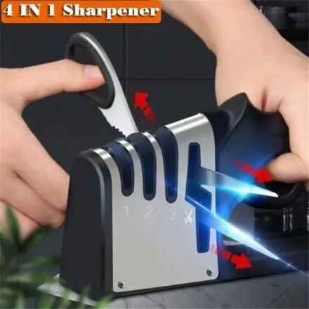 4-in-1 Manual Knife Sharpener, Professional Stainless Steel Blade Sharpening Tool, ABS Resin, No Battery, No Power, for Kitchen Knives and Scissors