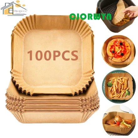 CJORWYN 100pcs Air Fryer Paper Liners, Square Parchment Paper, Air Fryer Disposable Paper Liner for Air Fryer, Baking, Roasting and Microwave, Non-Stick Liners Free of Bleach