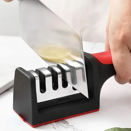3-Stage Stainless Steel Knife Sharpener - Manual, No Battery Needed, Durable Sharpening Tool for Kitchen Knives & Scissors with Red Handle and Black Base - Perfect for Home Use