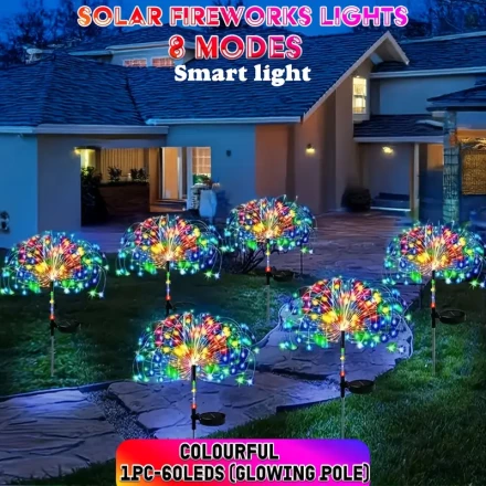 Solar LED Fireworks Dandelion Lamp, 8Modes Solar Fireworks Lights, Multi-Color Star Theme, Plastic Garden Stake Light for Christmas, New Year, Valentine'S Day, Universal Winter Holiday Decor