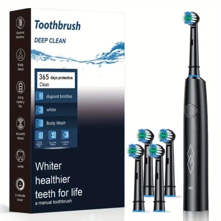 Sleek Black Sonic Electric Toothbrush for Adults - USB Rechargeable, Deep Clean with Soft Bristles, 600mAh Lithium Polymer Battery, Oral Care with 5 Modes, Includes 4 Ribbon-Tied Brushes + Gift Box