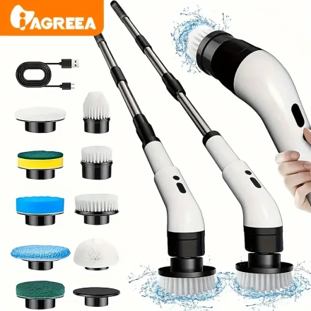 IAGREEA 3-Speed Cordless Electric Rotating Washer, Handheld Shower with 9/6 Replaceable Brush Heads, Adjustable Telescopic Handle, Suitable for Tiles, Bathtubs, Sinks, Walls, Bathrooms, USB-C Charging Cable