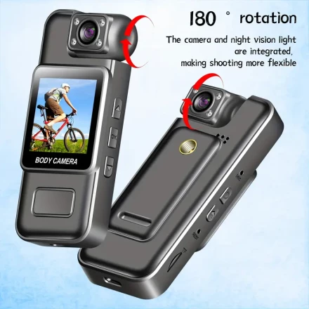 Wearable FHD Camera with 4K Images, Long Battery Life, Infrared Night Vision, 180° Lens Rotation, One-Click Recording, Portable, Rechargeable Lithium Battery-Polymer, Black