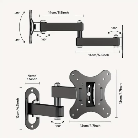 1pc Adjustable Tilt & Swivel TV Wall Mount Bracket, 15-Degree Tilt, 180-Degree Rotation for 14-27 inch LED LCD Flat Panel Screens and Monitors, Max VESA 100x100mm, Up to 22lbs/10kg, Cold Rolled Steel, Black