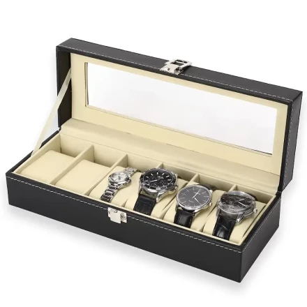 A Square Watch Display Case with a Lining, a PU Flip Cover, a Black Six-Slot Watch Storage Box for Collection And Display - Interior Color Varies Randomly.
