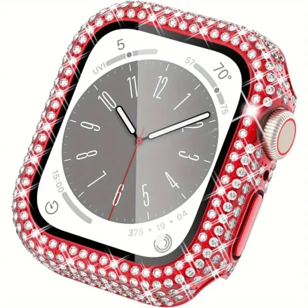 1pc Rhinestone-Encrusted Tempered Glass Watch Case - Scratch-Resistant, Anti-Slip Ultra-Thin Protective Cover Compatible with Series SE/9/8/7/6/5/4/3/2/1, Fits 38/40/41/42/44/45mm, Major Material: PC
