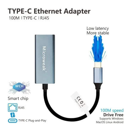 Microweak 1000Mbps USB-C Ethernet Adapter with RJ45 Port, Compatible with MacBook Pro, iPad Pro, Dell XPS, and More