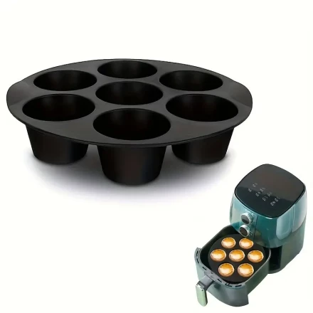 1pc Flexible Silicone 7-Cup Air Fryer Muffin Mold - 20.32cm Round Non-Stick Cupcake Pan, Black, for Healthy Baking in Toaster Ovens & Air Fryers - Durable Kitchen Accessory, Air Fryer Accessories|Stackable Kitchen Item|Nonstick Silicone