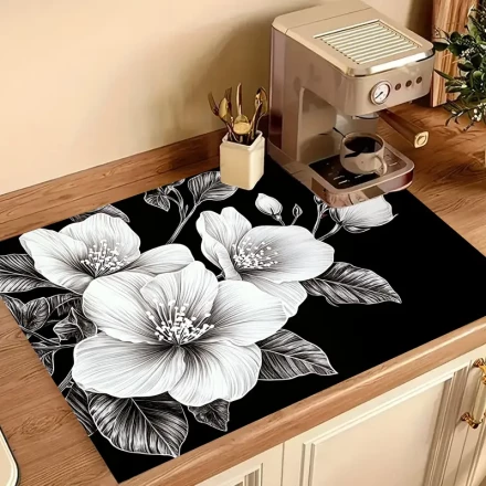 1pc Black and White Floral Stove Cover Mat - Anti-Slip Polyester Kitchen Protector, Vibrant Home Decor Accessory for Stovetop and Countertops, Countertop Cover | Elegant Kitchen Style | Polyester Cover, Stove Top Protectors