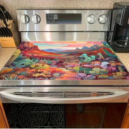 A Colorful Gas Stove Protector Featuring a Vibrant Landscape Design That Is Heat-Resistant And Scratch-Proof, Easy to Clean, Adding a Touch of Natural Color to The Kitchen.