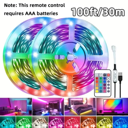 16ft-100ft LED Lights,TV LED Backlight USB,with 24-key Remote Control,Music Sync Color Changing Strip Lights,for Home,Bedroom,Party,Living Room,Kitchen,Ceiling,Desk,Holiday Party Atmosphere Decor