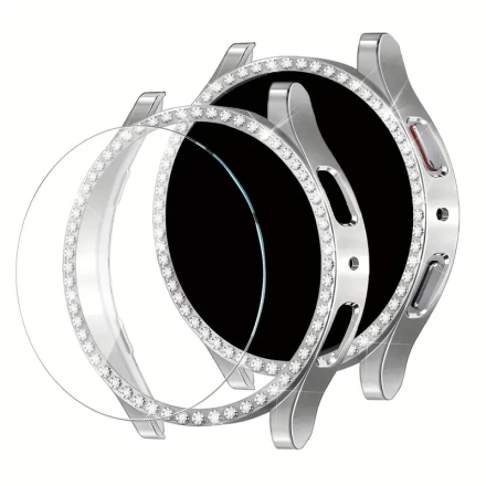 Glass+ Artificial Diamond Case For Samsung Galaxy Watch 6 40mm 44mm Accessories Bling PC Bumper+ Screen Protector Galaxy Watch 6 Cover Case