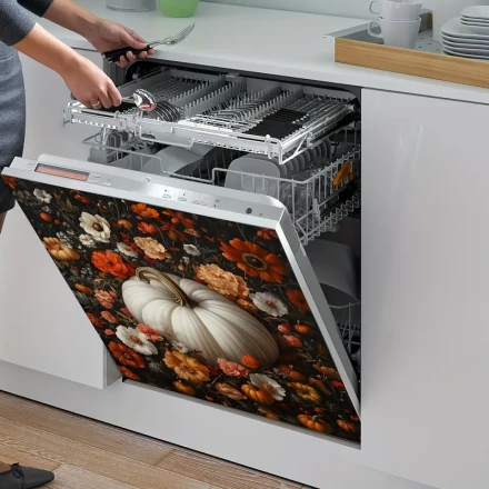 Pumpkin Floral Soft Magnetic Dishwasher Cover, 1pc Floral Surround Pumpkin Dishwasher Refrigerator Vinyl Sticker, Farmhouse Kitchen Decor Magnetic Dishwasher Panel Sticker 58.42X66.04 cm