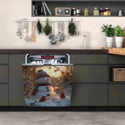 Christmas & Winter Wonderland Magnetic Dishwasher Cover Decal - Snowman, Street Lights, Maple Leaves & Red Bird Designs - PVC Vinyl Sticker for Refrigerator & Kitchen Decor, 58.42x66.04 cm