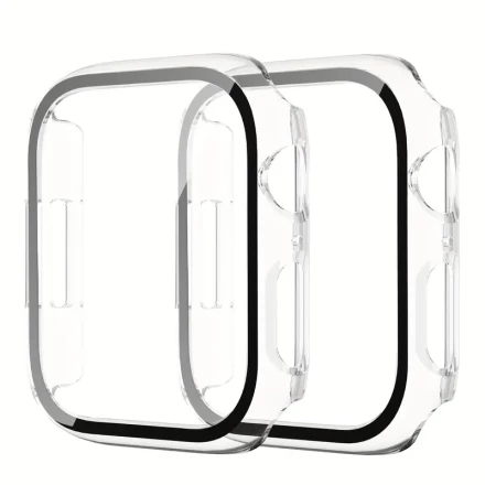 2pcs Ultra-Slim Clear PC Hard Case for iWatch with Reinforced Glass Screen Protector & Shockproof Button Cover - Fits Series 1 to 9, Sizes 38mm to 45mm