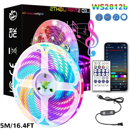 USB Smart Light Strip RGB, WS2812B RGB IC LED Strip Light, 5V USB, Smart APP Control, Music Sync, Bedroom TV Backlight Color Change, Suitable for Desktop Atmosphere, Indoor Bedroom Valentine's Day