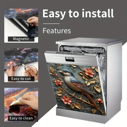 1pc Magnetic Dishwasher Cover with 2D Floral and Bird Design - Reusable PVC Decorative Sticker for Fridge, Washer, and Cabinet Decor, Vintage Leaf Pattern, Durable and Stylish Kitchen Appliance Accessory, Dishwasher Magnetic Cover Decorative