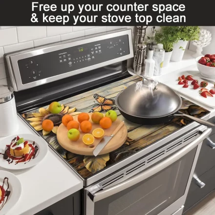 Integrated Stovetop Replacement Decor Kit 1pc Durable Polyester Sunflower Pattern Gas Stove Cooktop Protector - Heat & Scratch Resistant, Easy to Clean - Floral Artwork for Stylish Kitchens, Stovetop Protectors