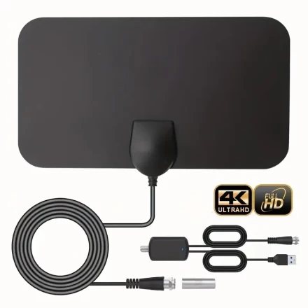 2024 Indoor HDTV Antenna with Amplifier – Supports 4K Ultra HD, 8K, 1080P – 5.03meter HDTV Cable, AC Adapter, USB Powered, Black, Includes Connectors for Clear Reception