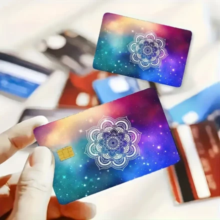 2pcs Combined Into 1 Card Skin Sticker Featuring a Starry Sky, Stars, And Flowers. Designed for EBT, Transportation, Keys, Credit Cards, And Debit Card Skins - to Protect And Personalize Bank Cards - Bubble-Free, Thin, Waterproof, Digital Printing.