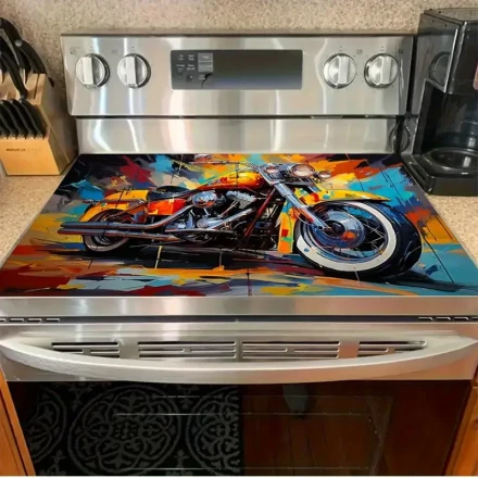 Vibrant Motorcycle Gas Stove Protector - High-Temperature Resistant, Scratch-Proof, Easy to Clean, Adds a Dynamic Touch to Your Kitchen Decor, Cooking Surface Guard | Motorcycle Graphic Design | Durable Stove Protector