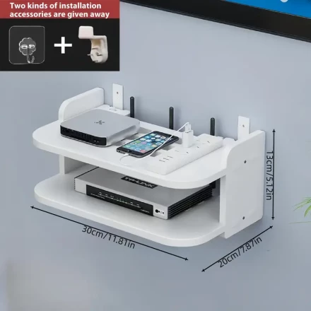 Space-Saving Wall-Mounted Shelf, Durable PP Material, No-Drill Router & TV Top Box Organizer - Sleek White Storage Solution with Multiple Compartments for Electronics, Wallmounted Organizer|Sleek White Shelf|Easyinstall Shelf