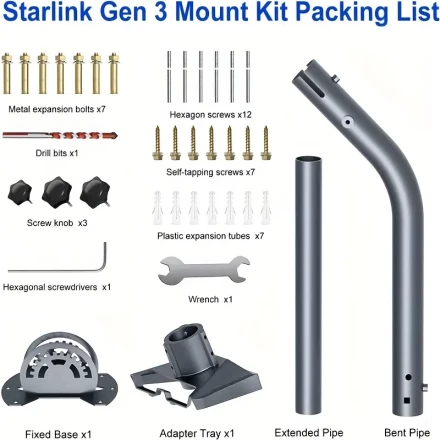 Starlink Gen 3 Wall Mount Kit - Adjustable Steel Satellite Internet Antenna with V3 Pipe Adapter, Sleek Black Design for Outdoor Use