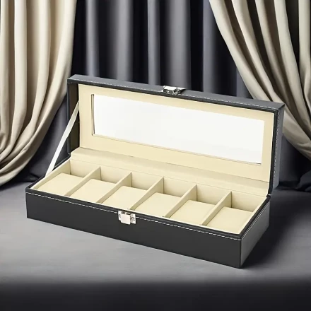 Luxury Black PU Leather Watch Box with Velvet Lining, Hinged Lid & 6 Compartments - Elegant Storage and Display Case for Watches, Random Inner Color, Waterproof Design, Collectible Display Case | Luxury Watch Case | PU Leather Box