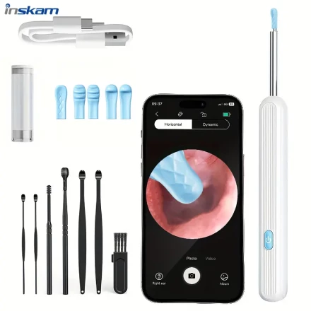 inskam Earwax Cleaning Kit with 6 Ear Spoon Covers, with Camera and Light for Safe and Easy Earwax Cleaning, with Seven-piece Earwax Removal Tool Set, Suitable for All Mobile Phones, Wireless WiFi Rechargeable Earwax Cleaning Tool