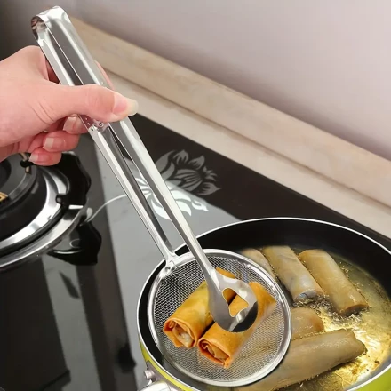 1pc Stainless Steel Frying Oil Filter Clamp & Strainer Spoon - High-Temperature Resistant Kitchen Colander for Efficient Oil Draining, Ideal for Cooking & Frying