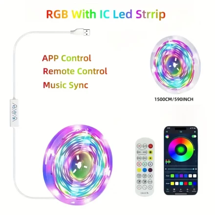 Versatile RGB+IC LED Strip Lights with App Control & 3-Key Remote - USB Powered, Multi-Mode Dimming, Music Sync, Built-in Mic - Ideal for TV, Bedroom, Gaming Setup, and Parties