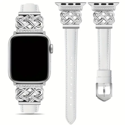 A Slim Leather Strap Compatible with Apple Watch Series 9/8/7/6/5/SE/4/3/2/1 Ultra/Ultra 2, Suitable for Iwatch Sizes 49MM, 42MM, 44MM, 45MM, 38MM, 40MM, And 41MM, Featuring a Designer-Crafted Interlocking Buckle for Women.