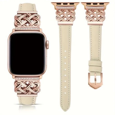 Interlocking Clasp Leather Smartwatch Band Compatible with Apple Watch Series 10/9/8/7/6/5/SE/4/3/2/1 Ultra/Ultra 2, Non-Water Resistant, 49MM/42MM/44MM/45MM/38MM/40MM/41MM/46MM - Designer Calfskin Leather Strap