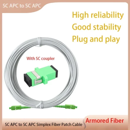 Armored SC/APC to SC/APC Simplex Fiber Patch Cable, Single Mode, 9/125um, PVC, 3.0mm, White, with SC Adapter, Uncharged, No Battery, 1m-20m Options Available