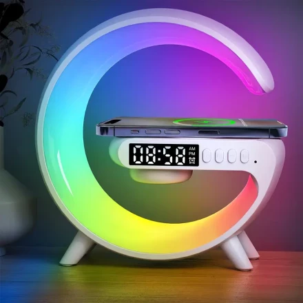 INEYES Smart RGB Light with Sunrise Alarm Clock - Dimmable Table Lamp, 10 Lighting Effects, Wireless Charging & Wireless Speaker, USB Powered - Black/White