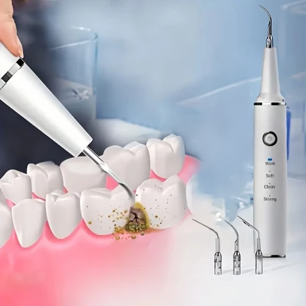 Scaler with LED light, 3 modes, USB rechargeable cleaning kit, 4 interchangeable brush heads