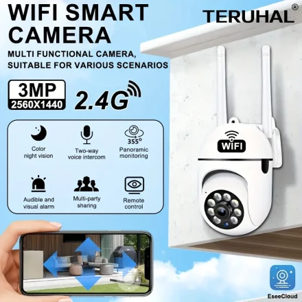1 3MP camera, 2.4GHz WIFI outdoor and indoor security cameras, automatic tracking, alarm and color night vision, AI movement of floodlights, 355 degree horizontal and 90 degree vertical rotation, support for two-way voice, humanoid movement tracking