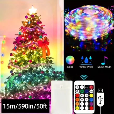 15.24meter - 4.88meter LED Fairy String Lights, 10 LEDs/meter Music Sync Christmas Lights, USB + Battery Box 2 Power Supply Modes, Outdoor Holiday Lights for Thanksgiving, Christmas Gifts, Indoor Outdoor Home Room Garden Camping Autumn and Winter Decor
