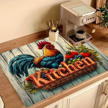 1pc Retro Chicken Pattern Stove Cover Mat - Vibrant Polyester Anti-Slip Kitchen Protector with Rustic Wooden Texture, Rooster & Vegetable Design, Perfect for Home Decor and Protection
