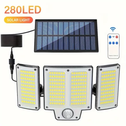 3-Head Solar Floodlight LED Outdoor Light, Wall Mount, Solar Powered, Rechargeable Battery, ≤36V, 280 LED Lights, 3 Modes, Infrared Remote Control, Motion Sensor, with Extension Cord, for Patio, Garage, Porch, Yard, Campsite