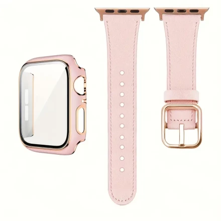 Sun Buckle + Two-color Rose Shell, 2-in-1 Artificial Synthetic Synthetic Leather Strap Integrated Hard Material Tempered Glass Screen Protector White Electroplated Rose Gold Plated Frame Protective Case for iWatch Ultra/Series 9/8/7/6/5/4/3/2/SE, 38/40/41