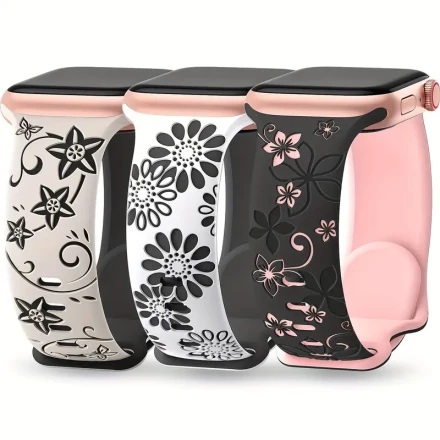 3pcs Floral Engraved Silicone Band Compatible for Apple Watch Band Women 38mm 40mm 41mm 42mm 44mm 45mm 49mm, Cute Flower Sport Strap for iWatch Series 9 Ultra 2 8 SE 7 6 5 4 3/S10