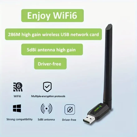High-Speed USB 286Mbps WiFi6 Adapter - Plug & Play, Supports Windows 7/10/11, Strong 2.4GHz Signal for Enhanced Range & Wall Penetration