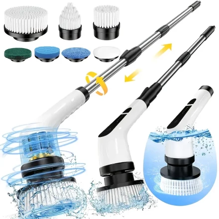 7pcs Electric Cleaning Brush Set with Interchangeable Heads, Portable Rotating Wireless Scrubber for Bathroom, Bathtub, Floors, and Tiles - USB Rechargeable, Multi-Functional with Digital Display, Tile Scrubbing Brush|Modern Cleaning Device|Multifunctiona