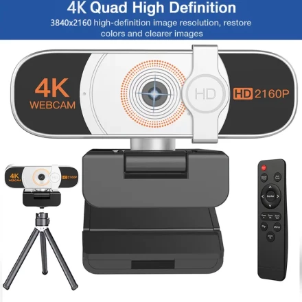 4K Webcam For PC, Auto-zoom, With Remote Control, Privacy Cover, White Balance, Webcam With Microphone, Plug&Play, 4K Web Camera For Laptop/Desktop, Video Calling, Conferencing