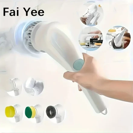 1pc Portable Rotating Washer With Five Interchangeable Brush Heads, Cordless Handheld Cleaning Brush, Electric Washer, Electric Cleaning Brush