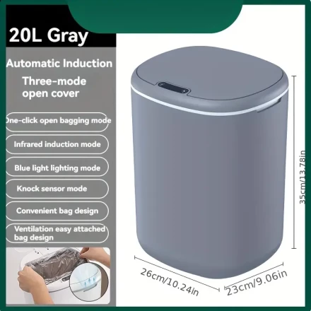 20L Large Capacity Smart Trash Can with Induction Cover – Modern Wireless Design, Rechargeable Battery, 3.5L Waste Bin, Hand-Pressure Operation, Ideal for Living Room, Kitchen & Bathroom