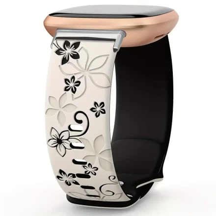 Fitbit Sense/Versa 3,4/Sense 2 Bands for Women - Floral Engraved Silicone Sport Strap, Cute Two-tone Flower Replacement Wristband - Non-Water Resistant