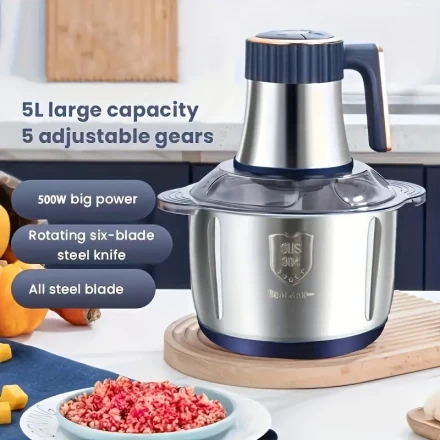 5L Stainless Steel Food Processor with 6-Blade System & Blue Handle - 5000 RPM Powerful Electric Mincer for Meat, Vegetables, Onion, Garlic, Salad & Youngsters Food - Includes Grater, Cutter & Container - Ideal for Kitchen Use