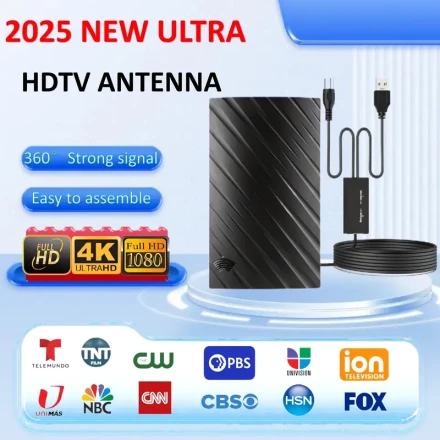 2025 HDTV 4K Indoor/Outdoor Antenna - High-Definition Digital Signal Booster, Long-Distance Reception, Supports HDTV, DVB-T2 & More